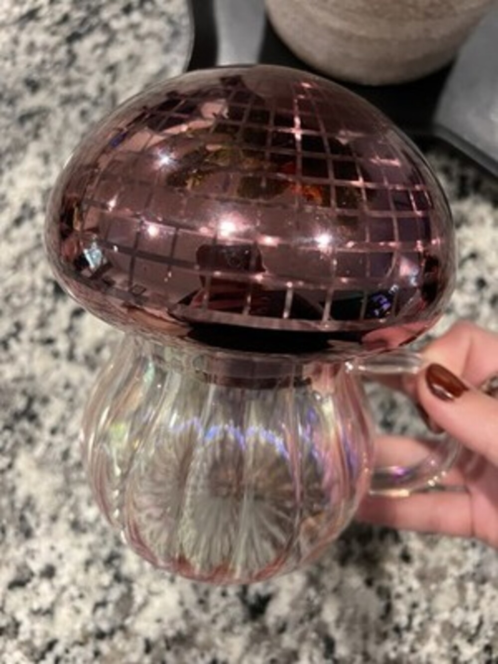 Enchanted Forest Pink Iridescent 19 oz. Glass Mug w/Mushroom Disco Ball Lid